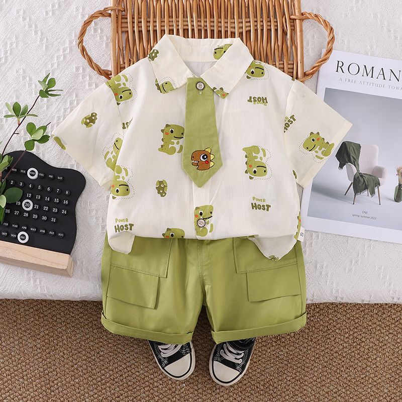 New Children's Cartoon Dinosaur Shirt Suit Boys Summer Thin Korean Style Cute Short-Sleeved Shorts Two-Piece Set Trendy New Children's Cartoon Dinosaur Shirt Suit Boys Summer Thin Korean Style Cute Short-Sleeved Shorts Two-Piece Set Trendy