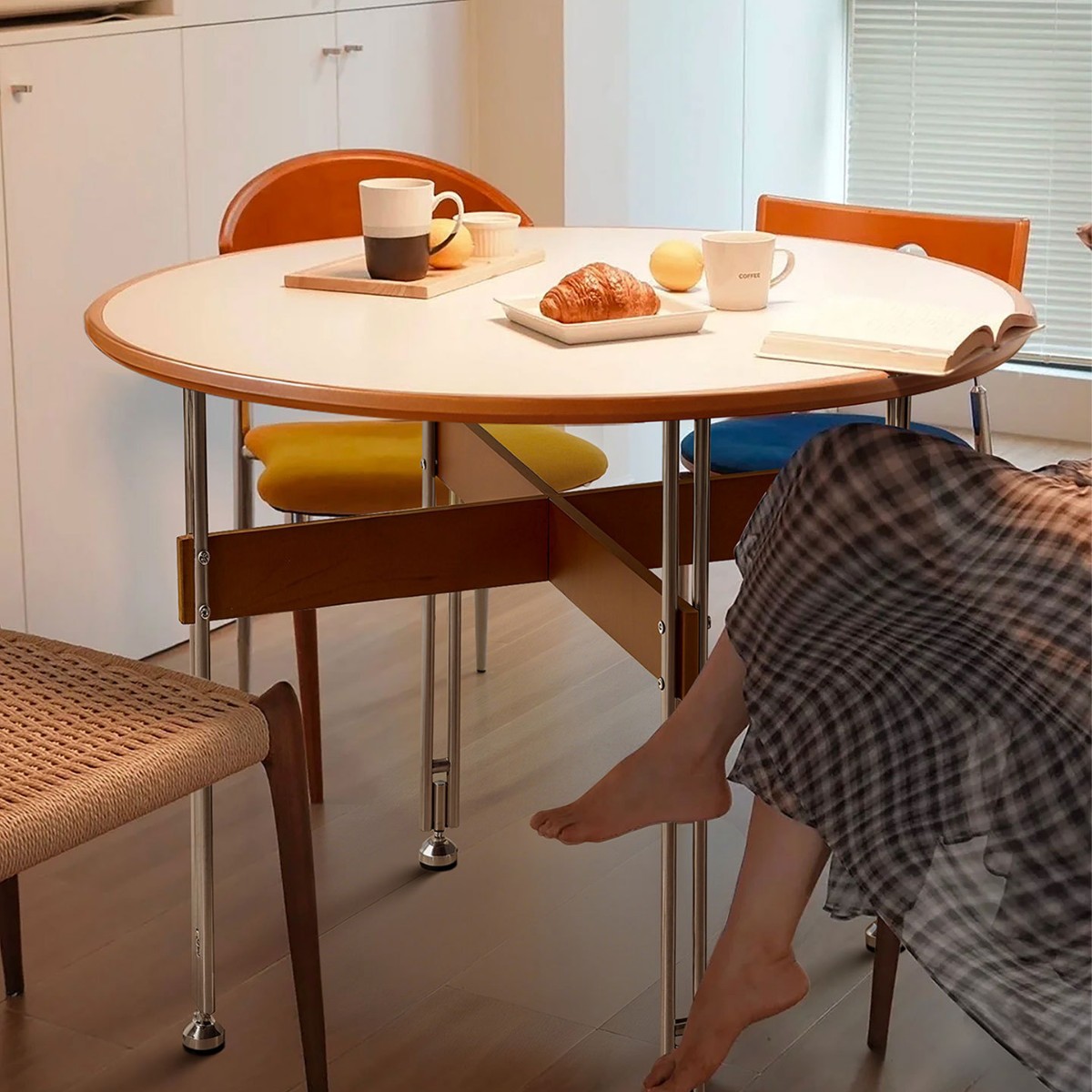 French Medieval Solid Wood Slate Round Dining Table for Home Dining Small Apartment Bauhaus Stainless Steel Office Study Desk