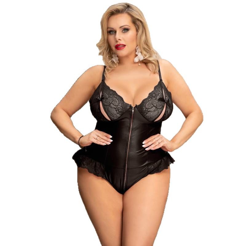 Comercio exterior europeo y americano más tamaño lencería sexy bufanda de mujer sin respaldo imitación cuero sexy pecho abierto mono suministro al por mayor