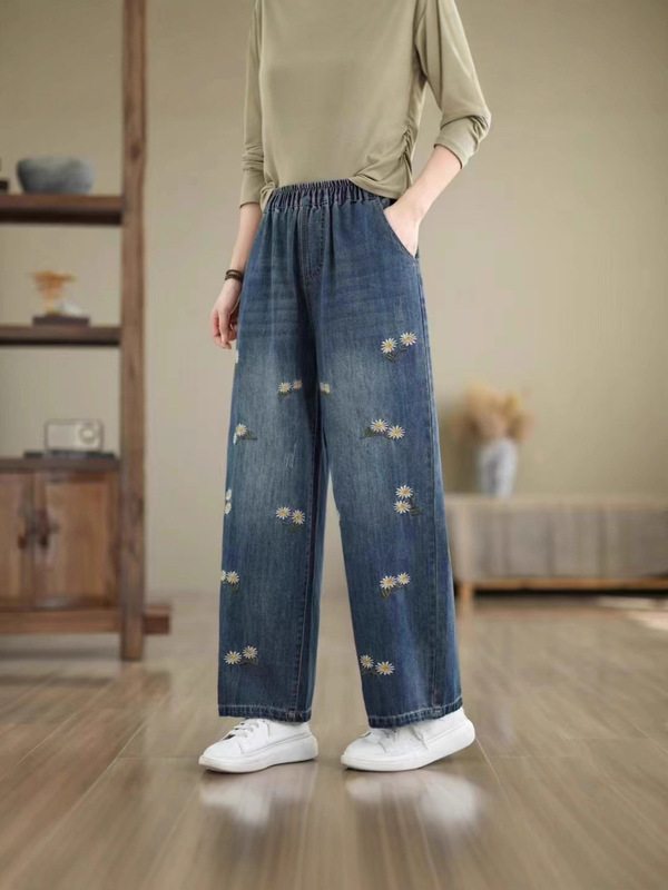 古咖服饰文艺绣花牛仔裤直筒春秋女装新款宽松紧腰刺绣阔腿裤|undefined