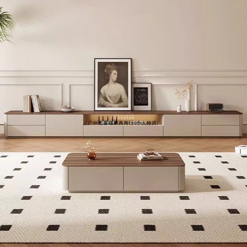 Solid Wood Tv Cabinet Light Luxury Home Living Room 2025 Coffee Table Combination New Popular Small Apartment Floor-Standing Tv Cabinet