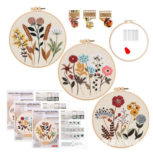DIY Kit de bordado hecho a mano paquete de material de estilo Europeo tranquilo flores y plantas de tono cálido transfronteriza Inglés Nuevo Original image 12