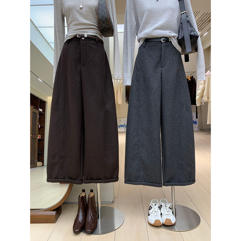 High-Waisted Wide-Leg Straight Pants with Rolled Edges, Fleece-Lined, Warm Woolen Material, Casual Women's Slimming Drape, Stitched Seams, with Belt