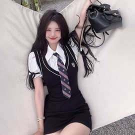 纯欲学院风假两件连衣裙短裙女夏季新款收腰显瘦甜辣风包臀裙子
