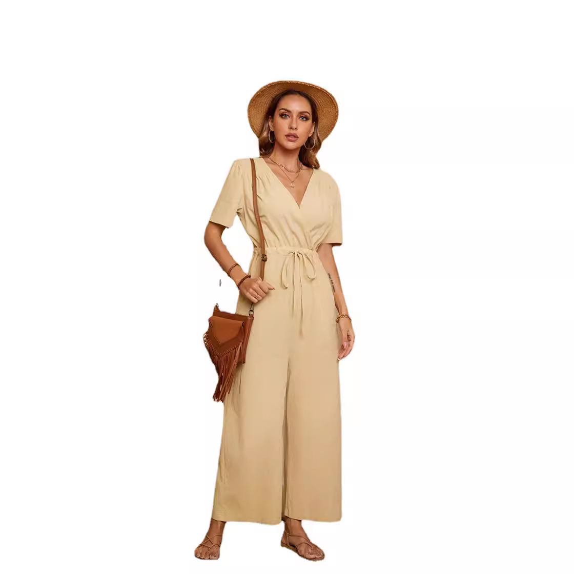 2024 mujeres deseo Amazon eBay engrosada de lino de algodón de color sólido de manga corta con cuello en V cintura bolsillo mono en stock