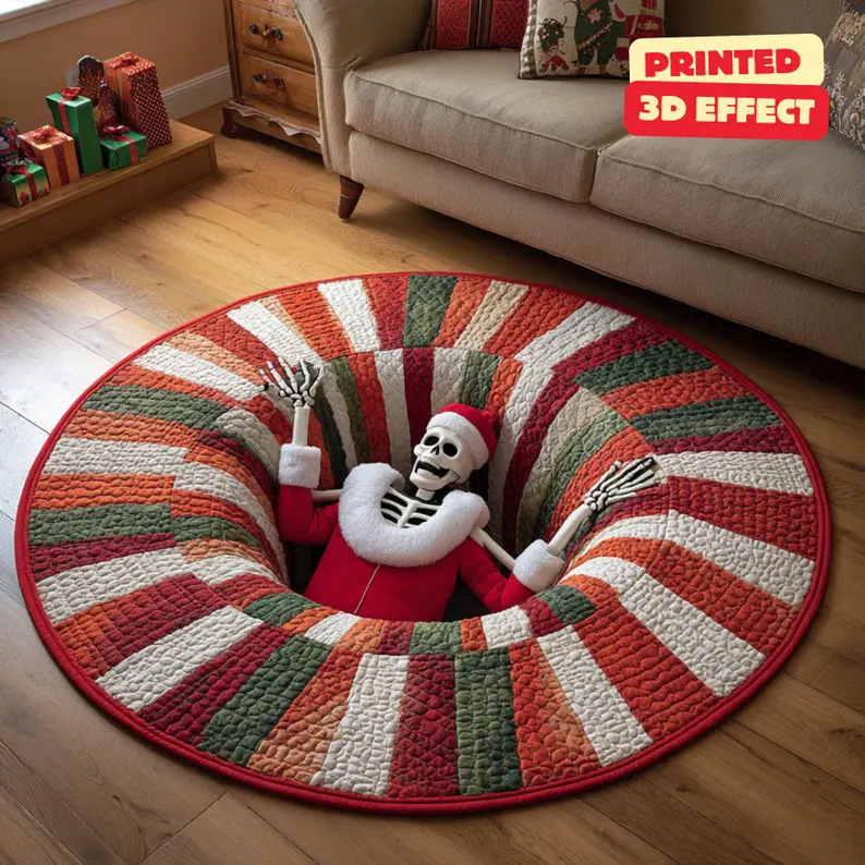 Rond tapijt met kerstmanmotief voor de grensoverschrijdende kerst, geschikt voor de woonkamer, vlekbestendig, feestdecoratie en als banktapijt._voghion.com