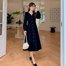 蓝语大码女装胖气质领收腰字连衣裙冬季黑色显瘦打底裙厚