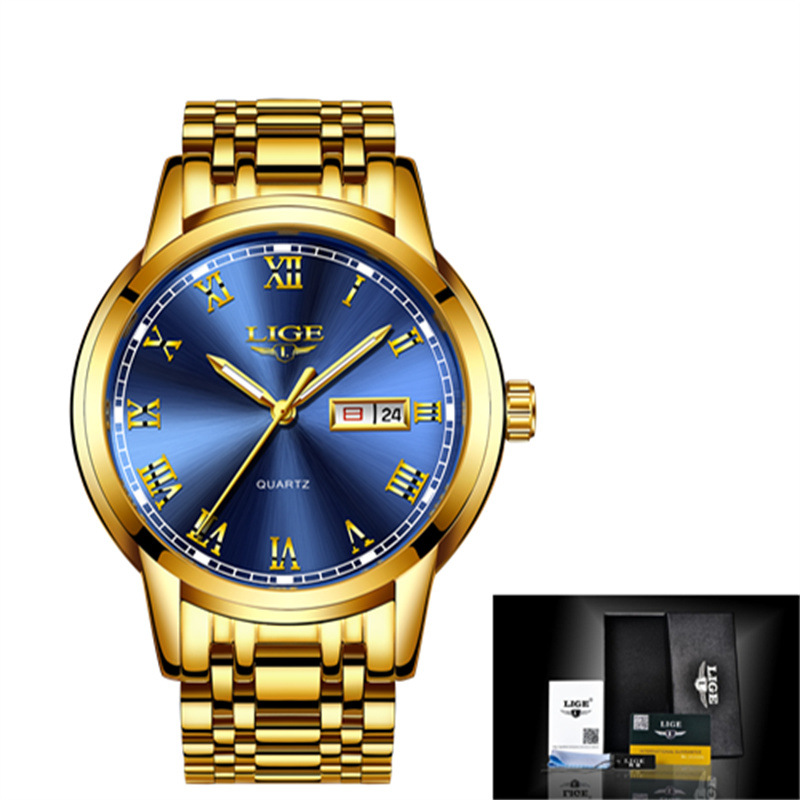 LIGE 9846-Semana banda de acero disco reloj de negocios elegante personalidad calendario hombres reloj casual transfronterizo