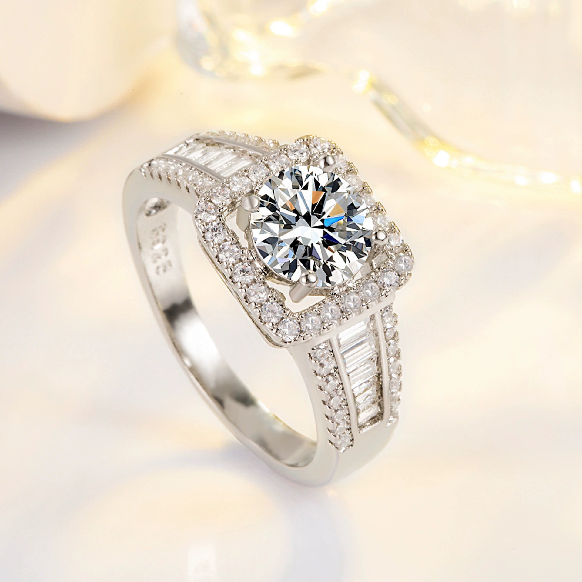 Wedding ring, zirconium, square ring with stone, diamond encrusted