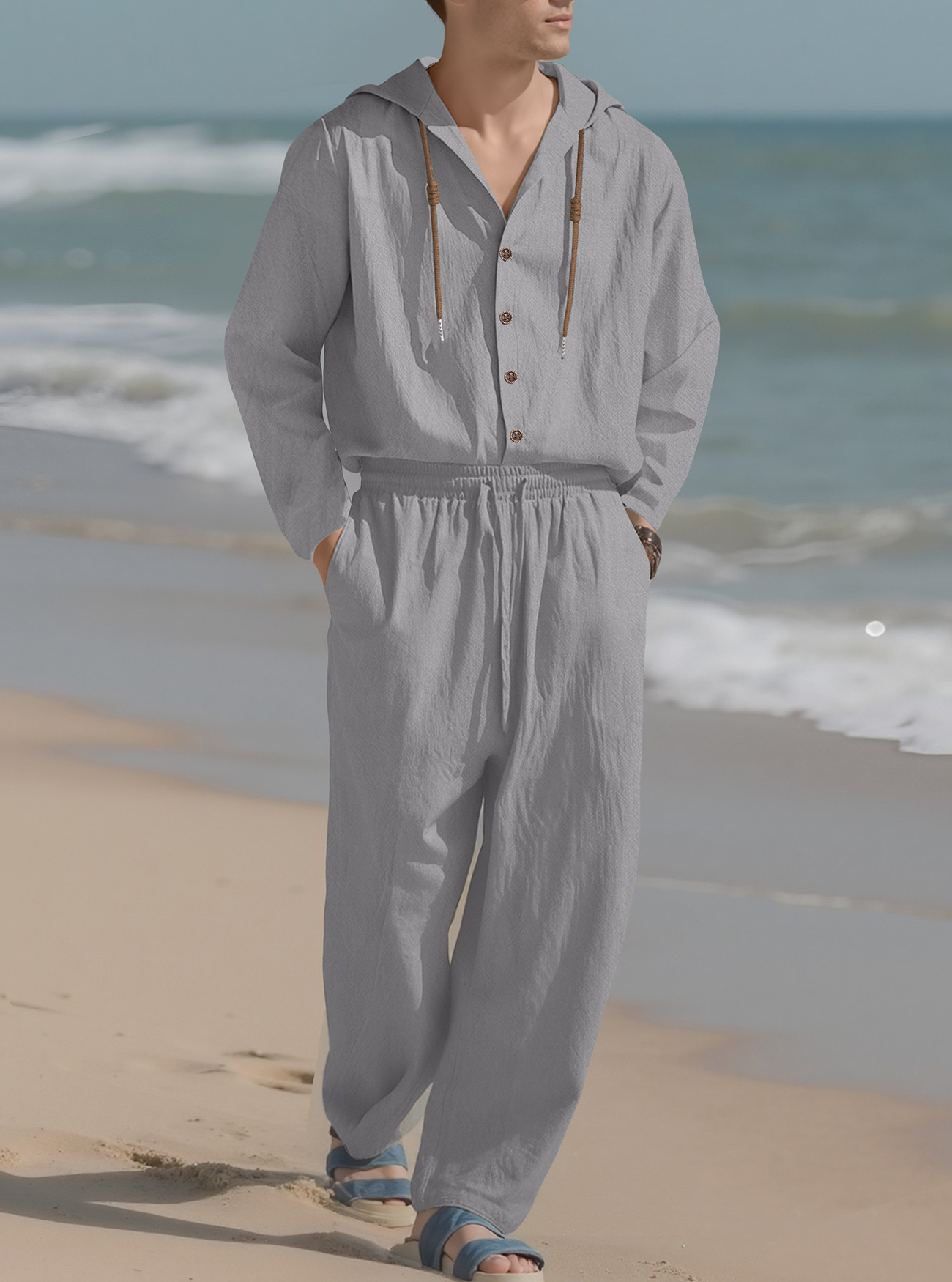 Camisa casual de manga larga de color sólido para hombres europeos y americanos transfronterizos Cárdigan de algodón y lino con cordón con capucha Traje de pantalones de algodón y lino sueltos