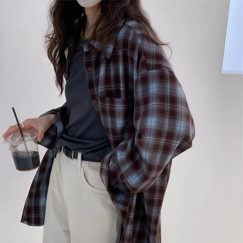 Retro blue and brown brushed thick plaid shirt for women, casual and versatile long-sleeve shirt jacket Retro blue and brown brushed thick plaid shirt for women, casual and versatile long-sleeve shirt jacket