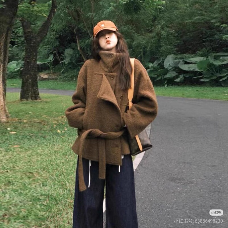 Old Money Style Lace-Up Kim Min-Hee 2.0 Woolen Outwear Women's Stand-Up Collar Short Alpaca Woolen Outwear 2025 Winter