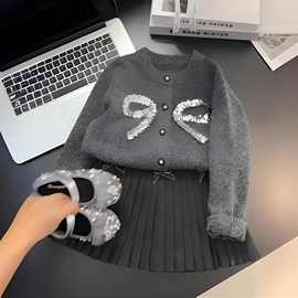 女童韩版套装2025春秋儿童蝴蝶结针织开衫小女孩洋气百褶裙两件套