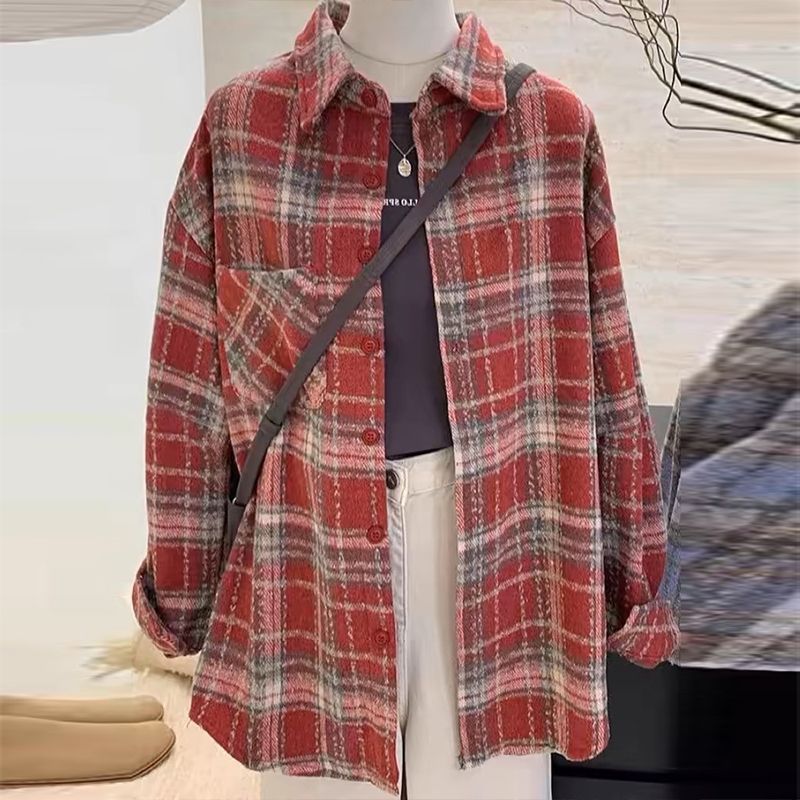 韩式休闲松弛感磨毛呢面衬衣女春秋新款宽松显瘦潮流百搭格子衬衫|undefined