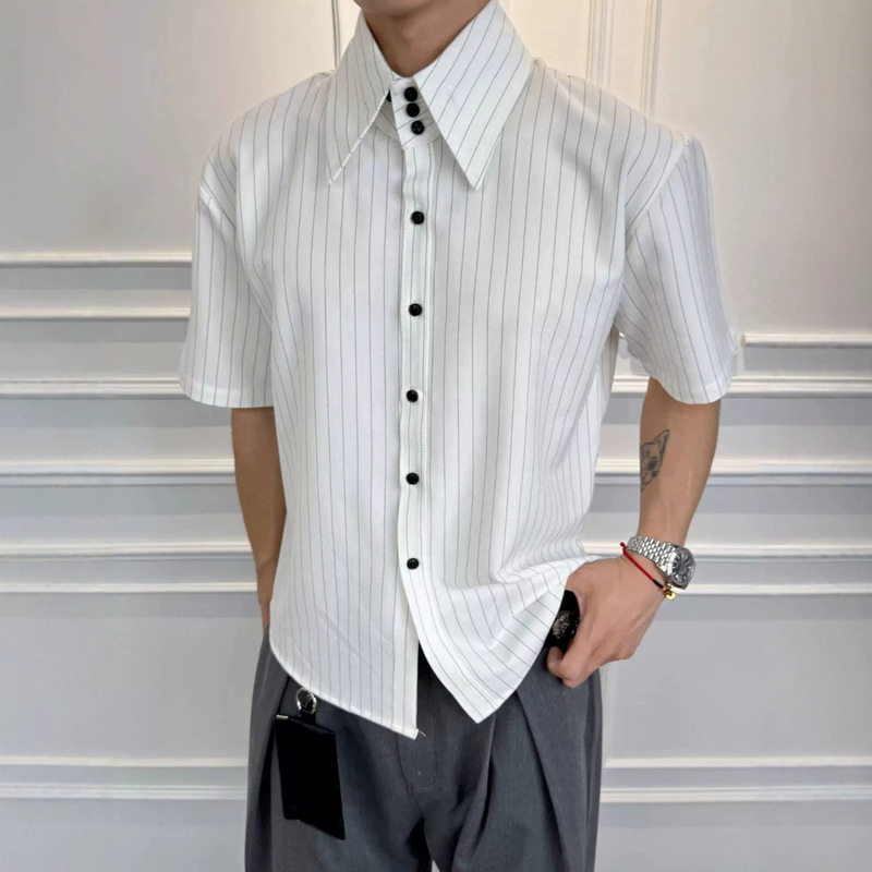 British Gentleman Style Spring New Striped Shirt for Men with High Collar and Structured Shoulder Design, Summer Business Short-Sleeve Shirt for Men British Gentleman Style Spring New Striped Shirt for Men with High Collar and Structured Shoulder Design, Summer Business Short-Sleeve Shirt for Men