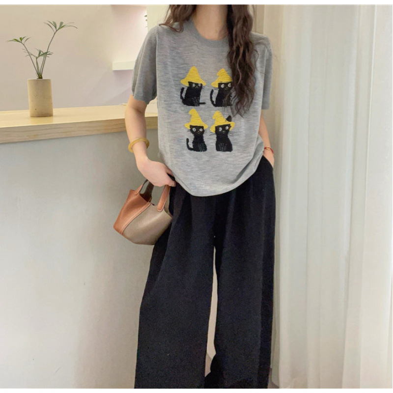 2025 新猫刺繍ラウンドネック半袖 Tシャツ女性の夏のアイスシルクスリムニットカジュアルルーズトップ|undefined