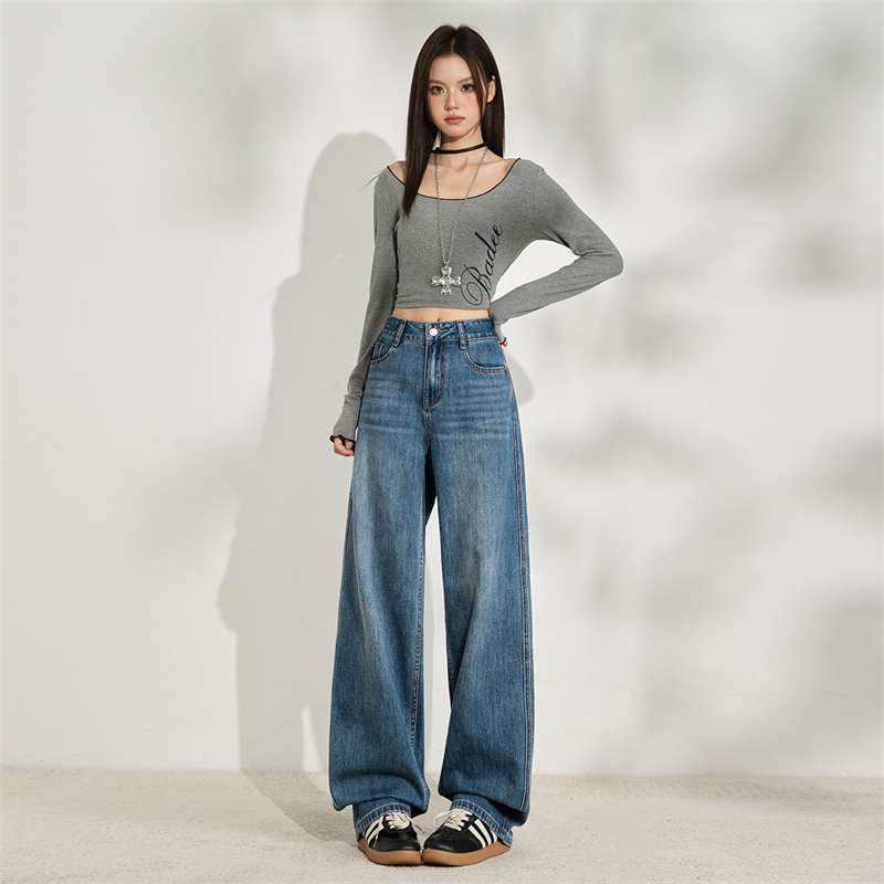 Wholesale Retro Blue Narrow High-Waisted Straight Jeans for Women Early Autumn Simple Fashion Drapey Wide-Leg Pants Dropshipping