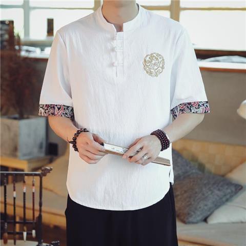 中国風tシャツ男性夏の薄いツル刺繍綿麻半袖tシャツ男ゆるい盤ボタン五分半袖男|undefined