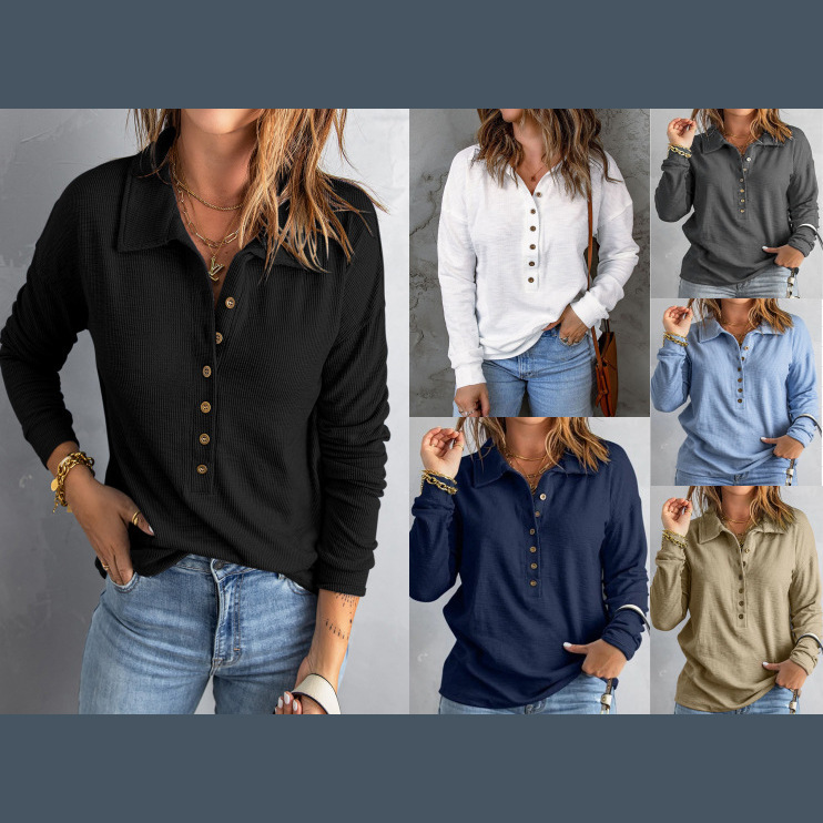 Amazon Cross-Border Solid Color Knit Sweater for Women, Single-Breasted, Turn-Down Collar, Long-Sleeve, Loose Casual Base Shirt, Autumn and Winter T-Shirt
