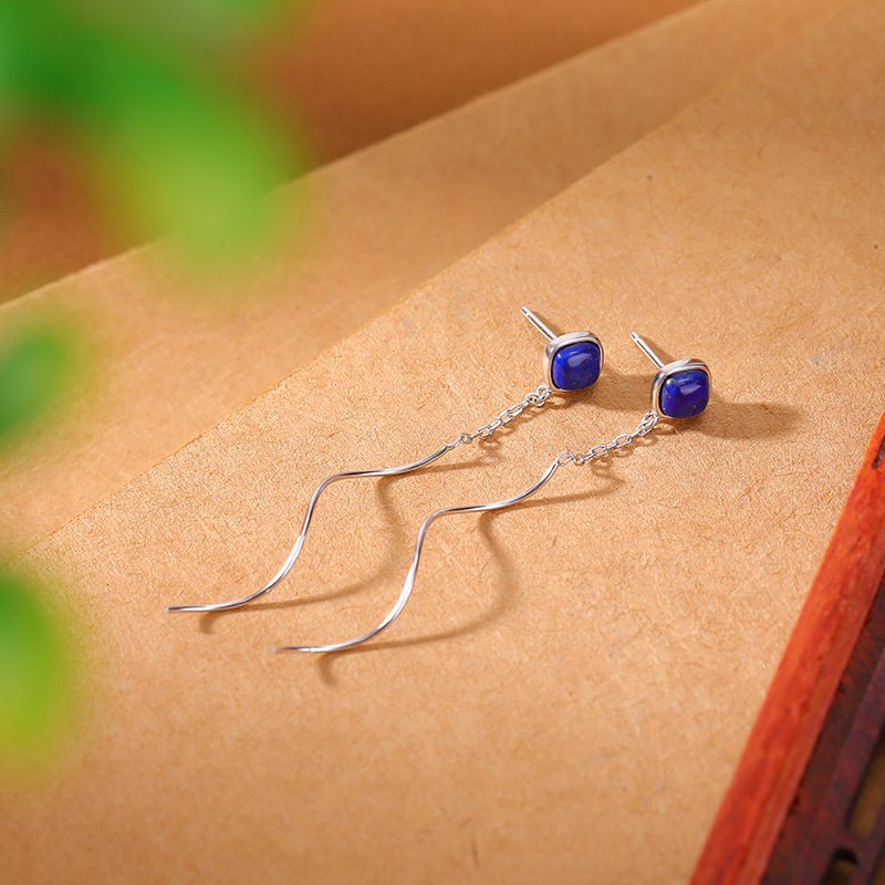 Khuyên tai bạc S925 dáng dài đính đá lapis lazuli đỏ phong cách retro — Mẫu đỏ nam