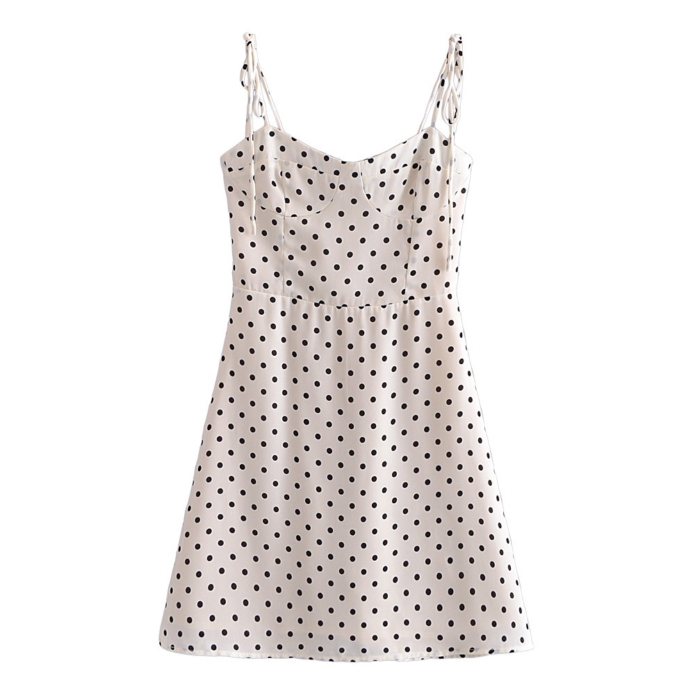 slim suspender backless wrap chest polka dot print dress NSAM127550