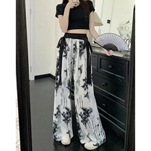 国风水墨印花薄款休闲阔腿裤女装2026夏季设计感高腰拖地长裤