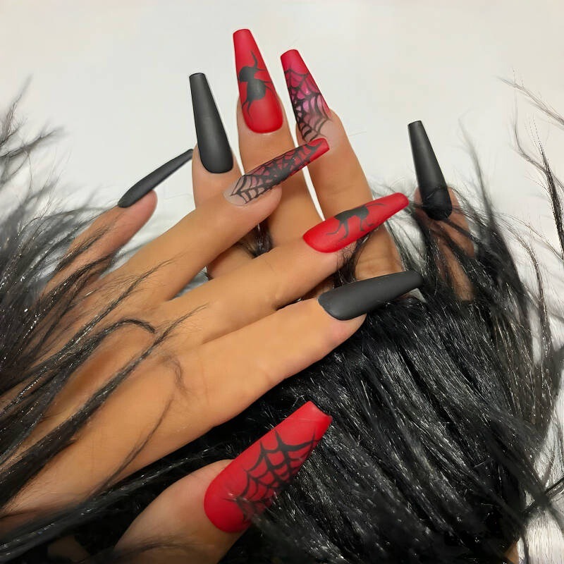 24 Pieces of Frosted Long Ballet Halloween Wear Nails Halloween Horror Spider Gothic Style Long t Grids Pressed Nails