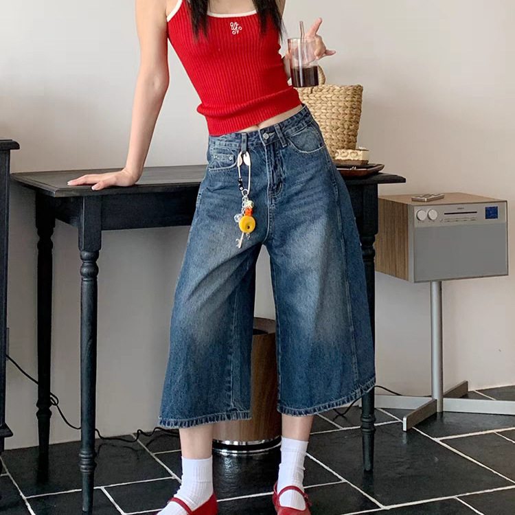 American Retro Blue Wide-Leg Denim Cropped Pants for Women 2026 Summer New Style Washed and Distressed High-Waisted Loose Cropped Pants American Retro Blue Wide-Leg Denim Cropped Pants for Women 2026 Summer New Style Washed and Distressed High-Waisted Loose Cropped Pants