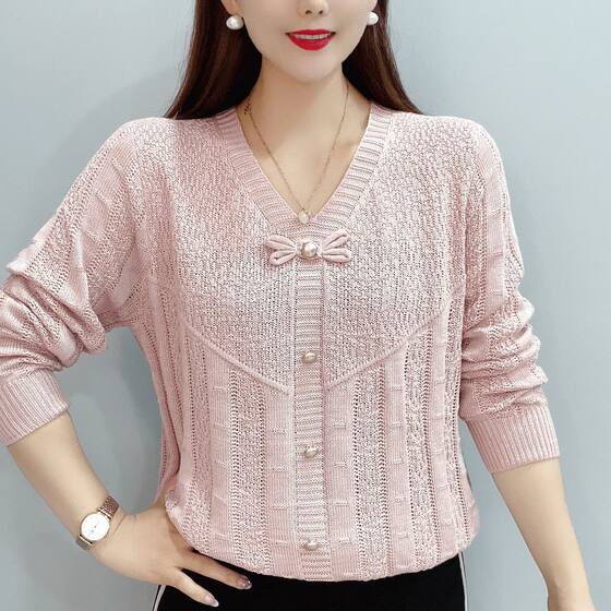 Spring New Knitted Sweater Western Style Knitted Loose All-match Sweater Bow Long Sleeve Mother Hollow Base Top