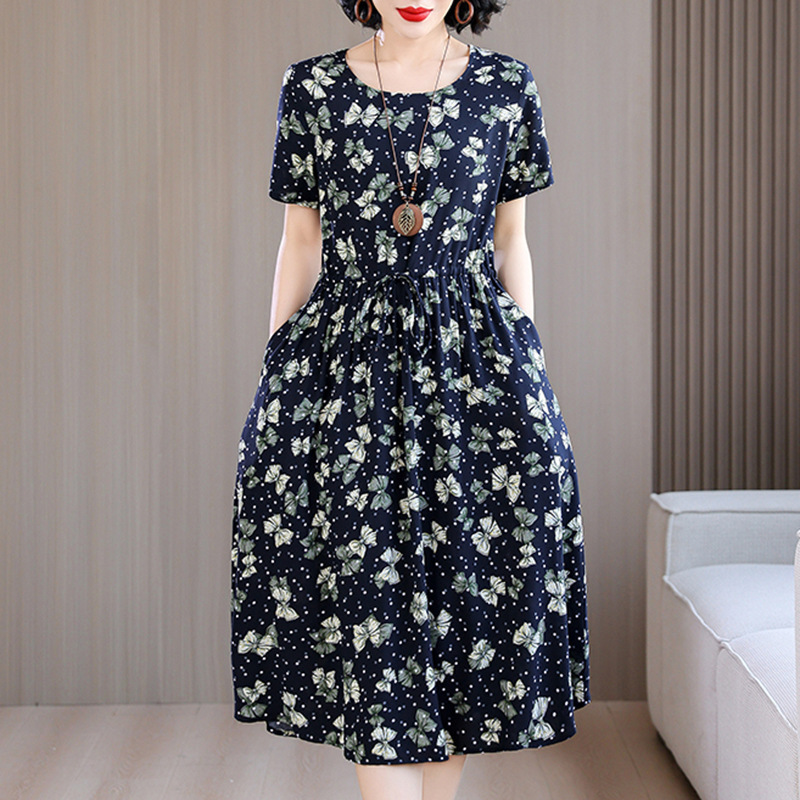 中高年向けの新しい綿シルクドレス、夏の若いスタイル、中年母親の花柄ロングスカート、エレガントなアウターウェア|undefined