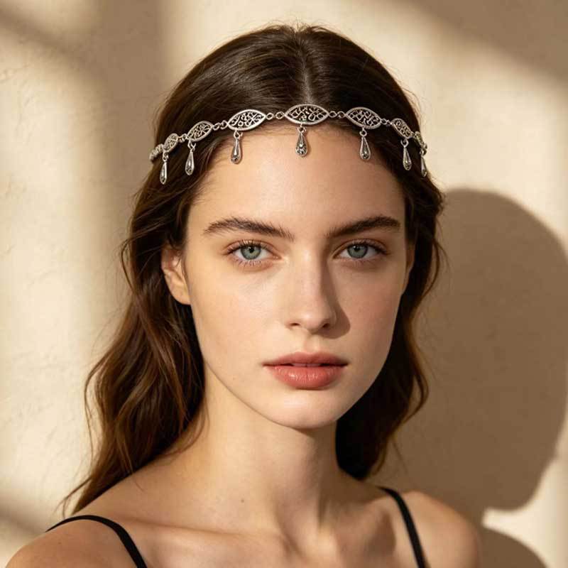 Women's Retro Geometric Chain Forehead Headband European and American Cross-Border Exotic Style Rhinestone Coin Tassel Hair Accessory