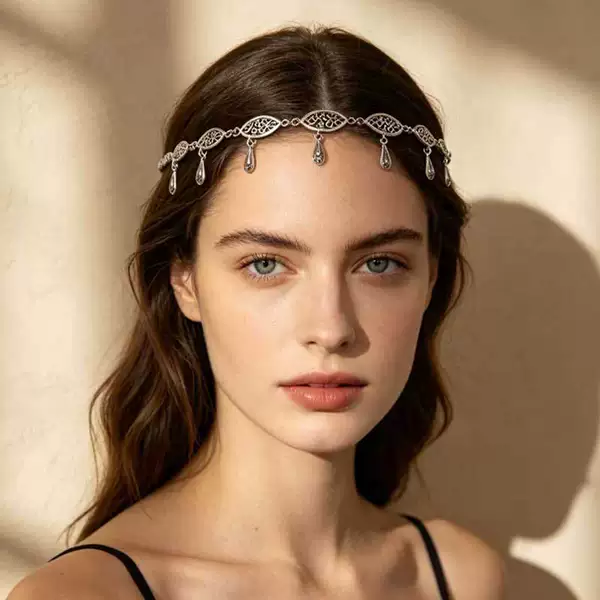 Women's Retro Geometric Chain Forehead Headband European and American Cross-Border Exotic Style Rhinestone Coin Tassel Hair Accessory