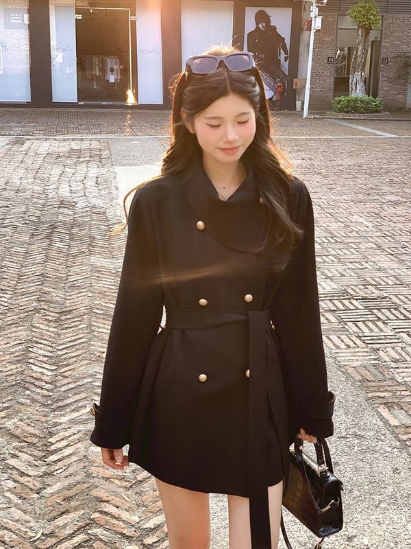 法式气质名媛风围脖设计黑色风衣外套女秋季高级感宽松英伦风大衣|undefined