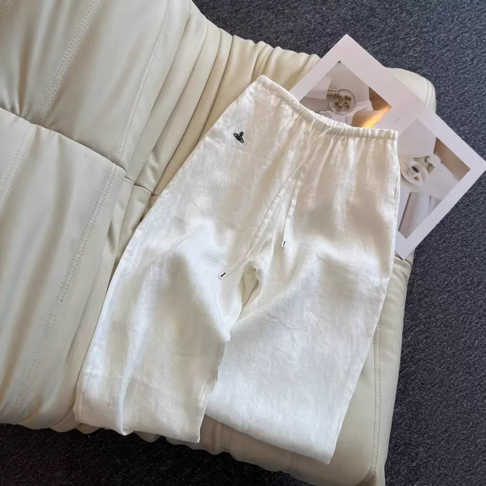 南油高版本2025早春新款服装亚麻阔腿裤设计感小众洋气白色长裤子
