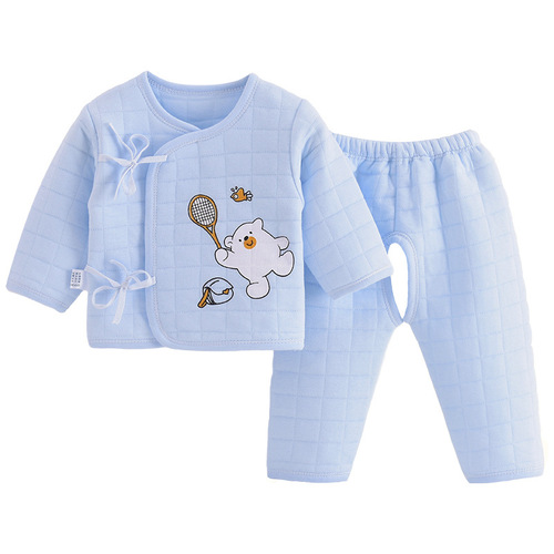 Newborn three-layer thermal underwear quilted spring, autumn and winter baby clothes monk clothes baby pure cotton two-piece suit