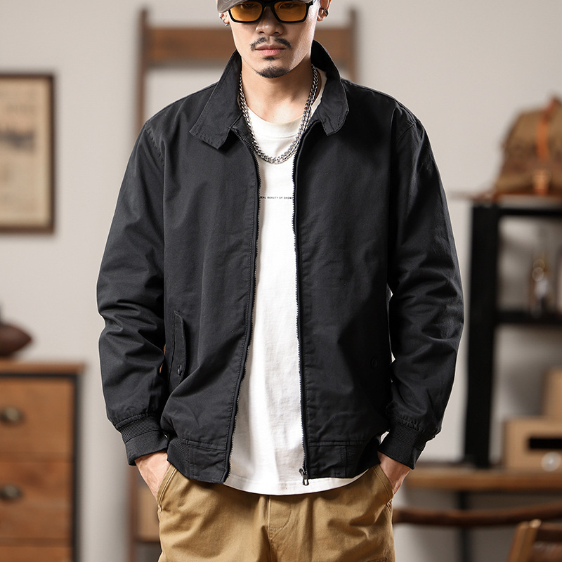 American Retro Harrington Jacket, Spring and Autumn Pure Cotton Washed Short-Sleeved Work Jacket, Loose Stand-Up Collar Casual Top American Retro Harrington Jacket, Spring and Autumn Pure Cotton Washed Short-Sleeved Work Jacket, Loose Stand-Up Collar Casual Top