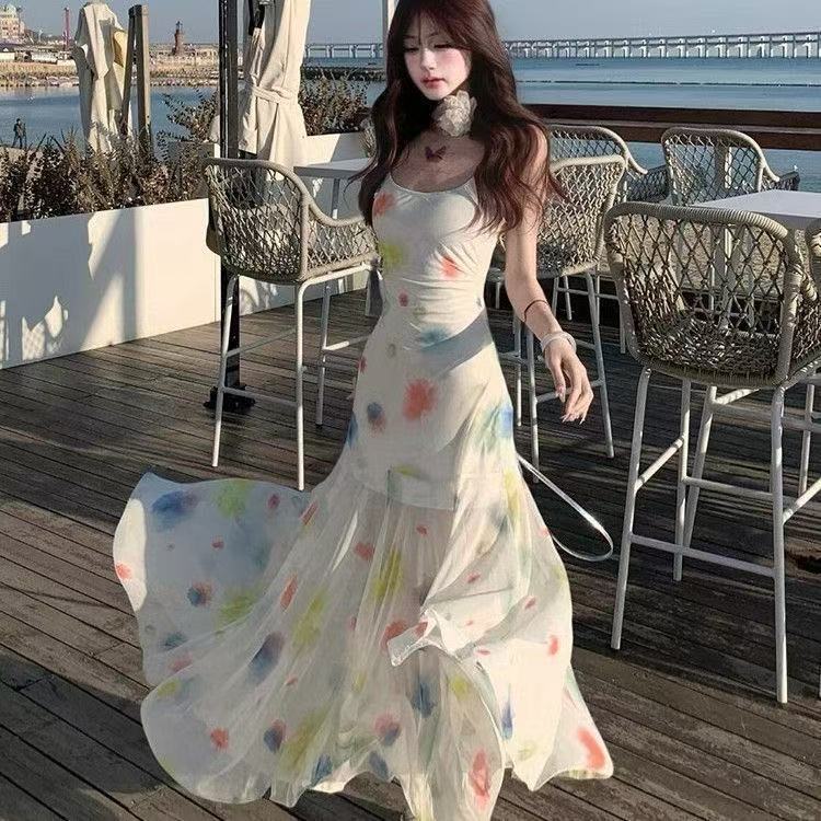 海岛多巴胺沙滩裙女2025新款夏季辣妹网纱巨显身材吊带扎染爆款|undefined