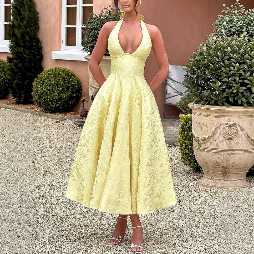 European and American Cross-Border V-Neck Halter Jacquard Dress, High-End Evening Gown, Spring Style, Sleeveless, Backless, Waist-Cinching Long Dress