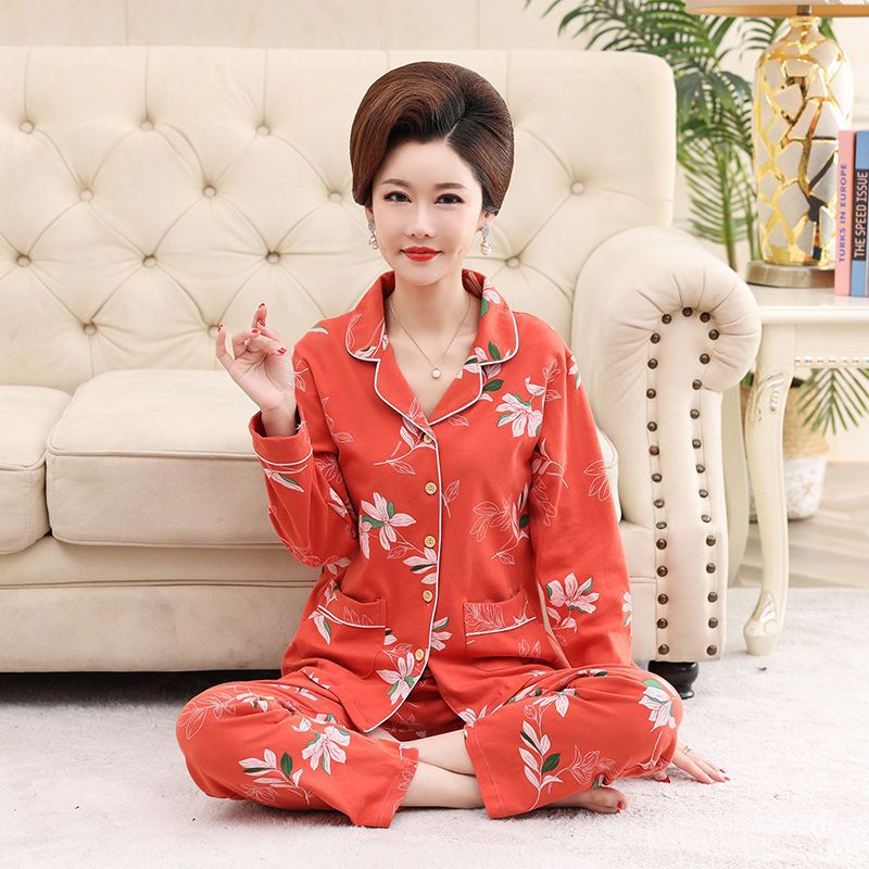 Pijamas para mujer Primavera y otoño 100% algodón de manga larga para mujer ropa de hogar para madres de mediana edad y ancianas Otoño e Invierno traje de talla grande