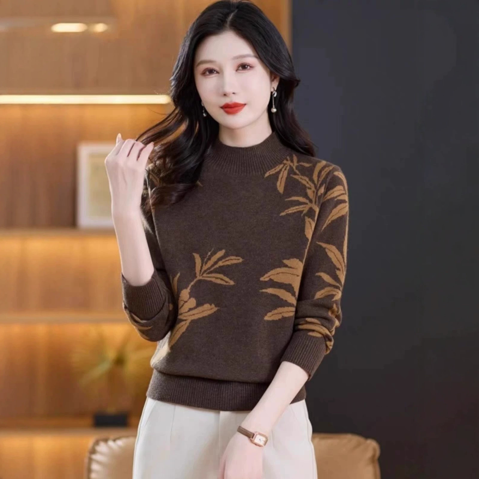 Women's cashmere sweater, 26 autumn/winter new style, half-high collar knitted base shirt, embroidered inner layer, thickened jacquard pullover top