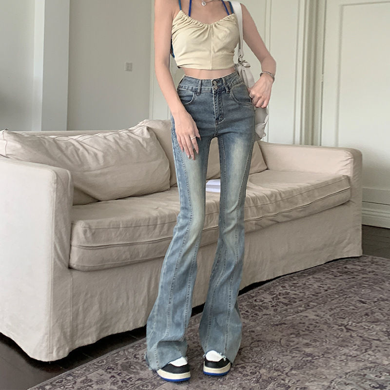Raw Edge Bootcut Jeans for Women, Nostalgic High-Waisted Trousers, Double-Button Splicing, Elastic Slim Fit, Flared Horseshoe Light Blue Pants