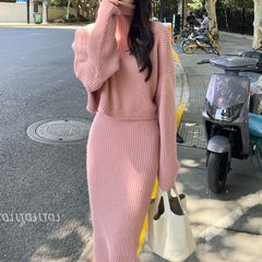 名媛感秋装2点セットヘボン風フランス風優しいニットダウンセーターとコートワンピース