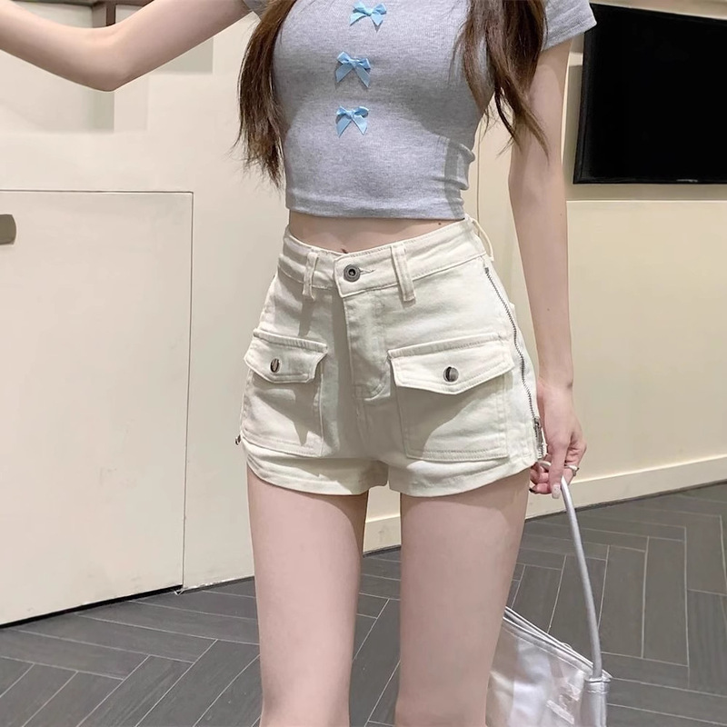 American Hot Girl Work Jeans Women's Summer Off-White Shorts Petite Slimming High-Waisted Straight Hot Pants