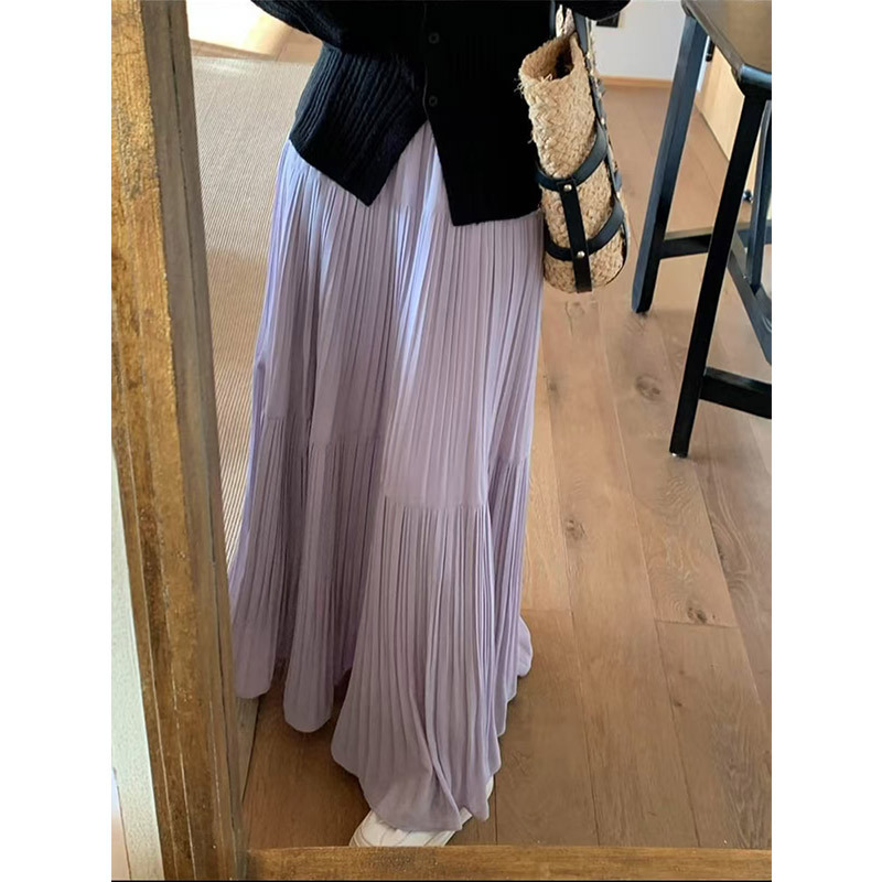 Purple Chiffon Skirt for Women in Spring and Summer, Loose and Slimming A-Line Pleated Skirt with a Gentle Drape, Mid-Length Skirt