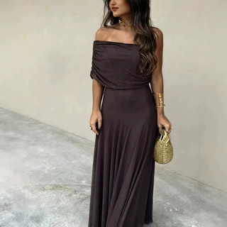 2026秋季新款欧美跨境女装抹胸网纱拼接修身气质连衣裙透视长裙
