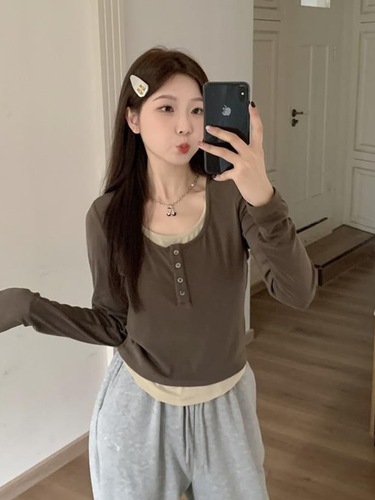 Oversized Two-Piece Long-Sleeve Women's Top for 2025 Spring Marigold Style, Round Neck Top, Fitted Base Shirt