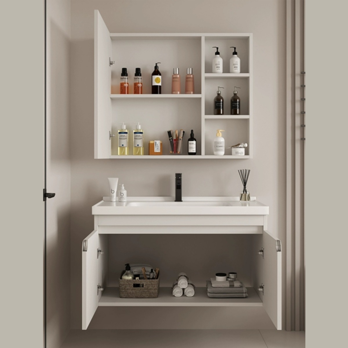 Baño de acero inoxidable tipo pared gabinete de baño combinado integral cerámica lavabo de roca lavabo de mano lavabo de cara lavabo espejo gabinete