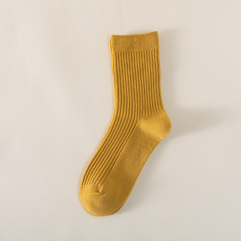 Otoño e invierno calcetines de aguja doble a rayas verticales algodón Mediados de la pantorrilla de color sólido de algodón peinado cordón cálido transpirable calcetines de algodón absorbentes de sudor
