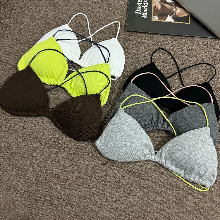 2025 New Bikini Beautiful Back Triangle Cup Bra Cross Strap French Sexy Backless Halter Small Chest Lingerie