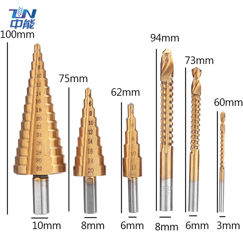 6 piezas de acero de alta velocidad de la pagoda de perforación de la ranura de sierra taladro de plástico en caja taladro de sierra traje taladro espiral